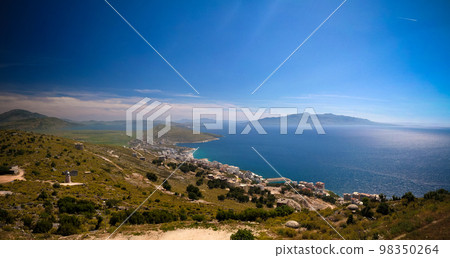 Landscape to the ionian sea from the top of Lekuresi Castle and military bunkers, Saranda, Albania Landscape to the ionian sea from the top of Lekuresi Castle and military bunkers, Saranda, Albania 98350264