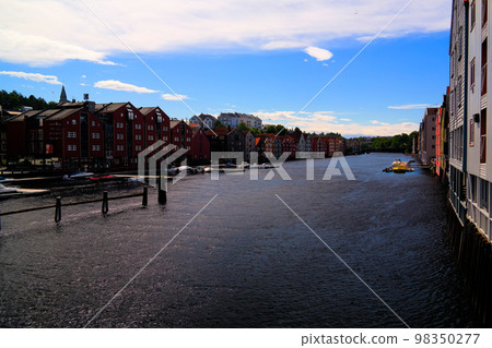 Panoramic view to Nidelva river and stilt houses, Trondheim, Norway Panoramic view to Nidelva river and stilt houses, Trondheim, Norway 98350277