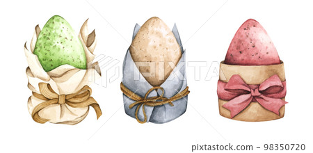 Happy Easter. Watercolor set of hand drawn colored Easter eggs. 98350720