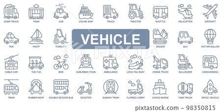 Vehicle concept simple line icons set. Pack outline pictograms of truck, tram, car, cruise, ship, tractor, helicopter, aircraft, forklift and other. Vector symbols for website and mobile app design 98350815