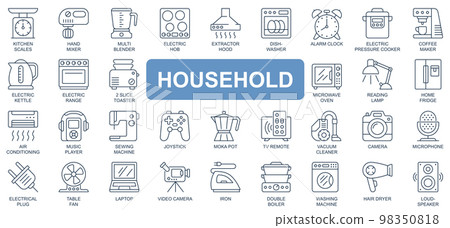 Household concept simple line icons set. Pack outline pictograms of kitchen, scales, mixer, blender, electric hob, dishwasher, table, kettle and other. Vector symbols for website and mobile app design Household concept simple line icons set. Pack outline pictograms of kitchen, scales, mixer, blender, electric hob, dishwasher, table, kettle and other. Vector symbols for website and mobile app design 98350818