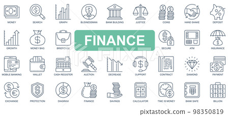 Finance concept simple line icons set. Pack outline pictograms of deposit, growth, briefcase, secure, atm, insurance, banking, wallet, cash and other. Vector symbols for website and mobile app design Finance concept simple line icons set. Pack outline pictograms of deposit, growth, briefcase, secure, atm, insurance, banking, wallet, cash and other. Vector symbols for website and mobile app design 98350819