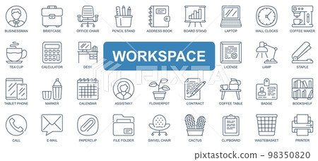 Workspace concept simple line icons set. Pack outline pictograms of businessman, briefcase, office, email, book, laptop, coffee, calculator and other. Vector symbols for website and mobile app design 98350820
