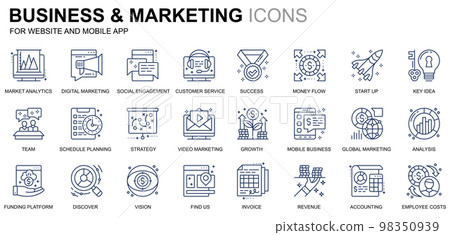Simple Set Business and Marketing Line Icons for Website and Mobile Apps. Contains such Icons as Vision, Mission, Planning, Market. Conceptual color line icon. Vector pictogram pack. 98350939