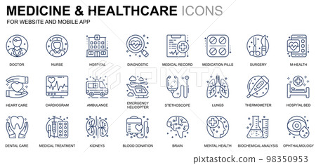 Simple Set Healthcare and Medicine Line Icons for Website and Mobile Apps. Contains such Icons as Doctor, Hospital, Medical Equipment. Conceptual color line icon. Vector pictogram pack. 98350953