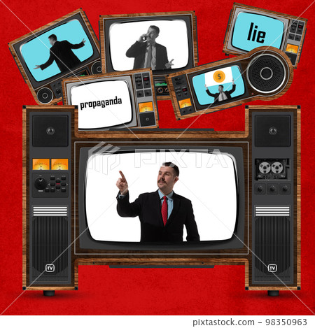 Contemporary art collage. Conceptual design. Businessman, journalist inside retro TV screens. Financial news, propaganda, fake information Contemporary art collage. Conceptual design. Businessman, journalist inside retro TV screens. Financial news, propaganda, fake information 98350963