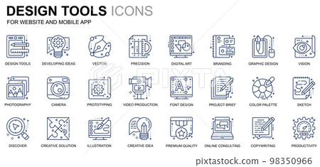 Simple Set Design Tools Line Icons for Website and Mobile Apps. Contains such Icons as Creative, Developing, Precision, Vision, Sketch. Conceptual color line icon. Vector pictogram pack. 98350966