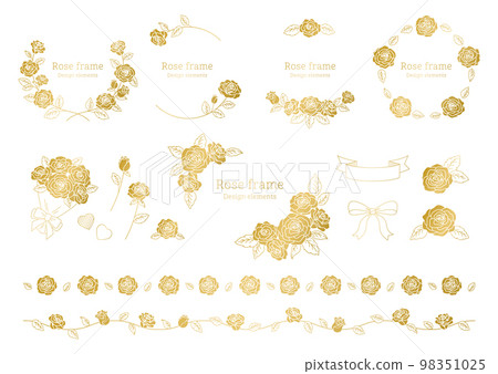 Decorative elements for rose flower design, frame and illustration material set, golden. 98351025