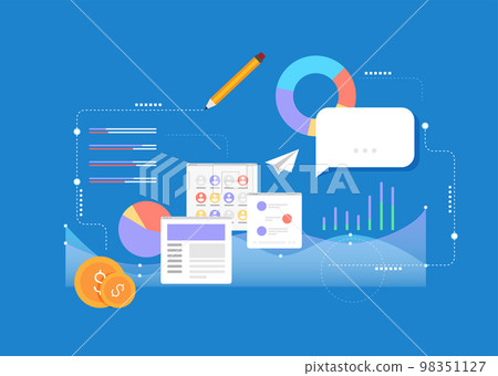 Flat design modern vector illustration concept of poster on business management or finance workflow theme. Isolated on stylish color background. Flat design modern vector illustration concept of poster on business management or finance workflow theme. Isolated on stylish color background. 98351127
