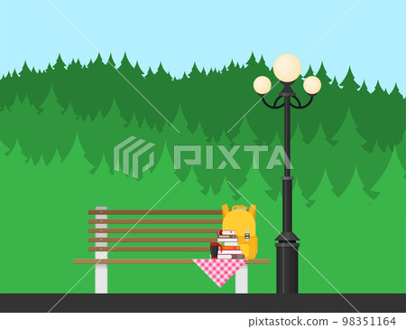 Bench with cup, bag and books in the park. Flat style vector illustration. 98351164