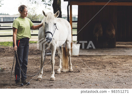 Beautiful white horse and his trainer, a woman standing still inside the fence on a ranch 98351271