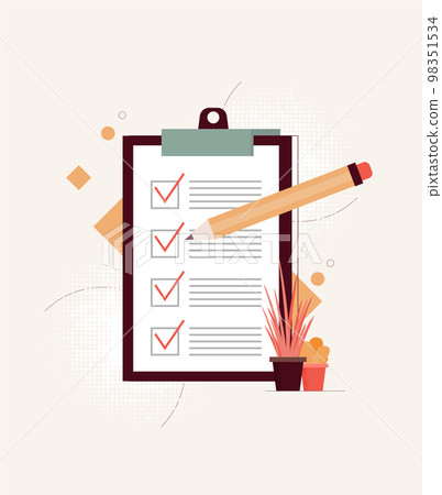 Positive business man with a giant pencil on his shoulder nearby marked checklist on a clipboard paper.  Illustration flat design style 98351534