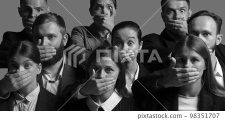 Black and white portraits of young people with hands close their mouth and do not allow to speak. Human rights, freedom speech, censorship and social issues concept Black and white portraits of young people with hands close their mouth and do not allow to speak. Human rights, freedom speech, censorship and social issues concept 98351707