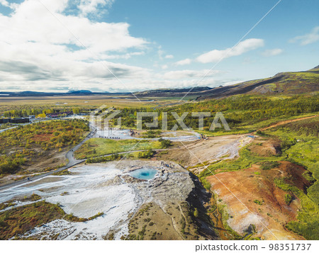 Aerial photo of Strokkur geyser and hot springs in Iceland Aerial photo of Strokkur geyser and hot springs in Iceland 98351737