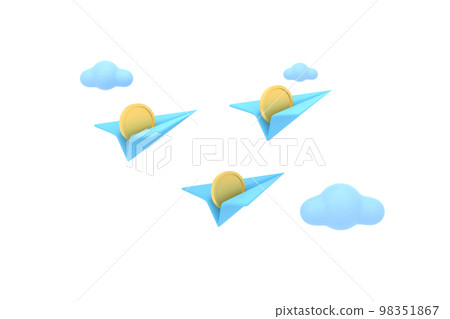 3D. paper airplane and coins with clouds cute. financial concept. 3D. paper airplane and coins with clouds cute. financial concept. 98351867