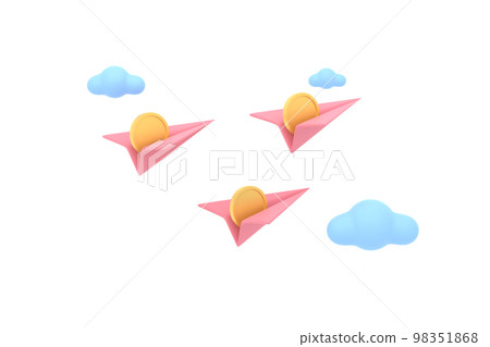 3D. paper airplane and coins with clouds cute. financial concept. 3D. paper airplane and coins with clouds cute. financial concept. 98351868