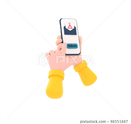 3D. Hand holding a cell phone with a fraudulent sms on the screen. Electronic messaging scam alert 3D. Hand holding a cell phone with a fraudulent sms on the screen. Electronic messaging scam alert 98351887