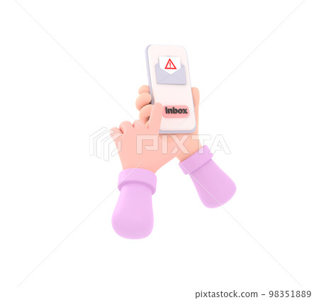 3D. Hand holding a cell phone with a fraudulent sms on the screen. Electronic messaging scam alert 3D. Hand holding a cell phone with a fraudulent sms on the screen. Electronic messaging scam alert 98351889