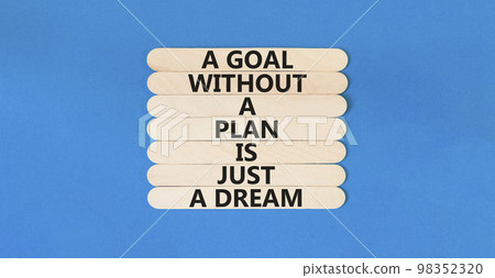 Goal and plan symbol. Concept words A goal without a plan is just a dream on wooden sticks. Beautiful blue table blue background copy space. Business plan motivational goal or dream concept. Goal and plan symbol. Concept words A goal without a plan is just a dream on wooden sticks. Beautiful blue table blue background copy space. Business plan motivational goal or dream concept. 98352320