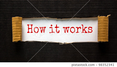 The words 'how it works' appearing behind torn black paper. Beautiful background. Business concept. 98352341