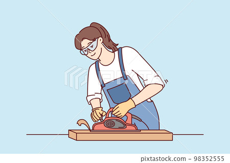 Woman furniture maker uses jointer to process wooden planks needed to create furniture. Vector image 98352555