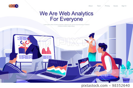 Web analytics concept isometric landing page. People analyzing financial data at charts and diagrams, business management, 3d web banner. Vector illustration in flat design for website template 98352640