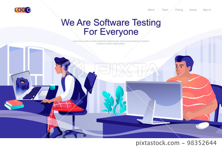 Software testing concept isometric landing page. People programming and coding, catching bugs in apps, optimization and settings, 3d web banner. Vector illustration in flat design for website template 98352644