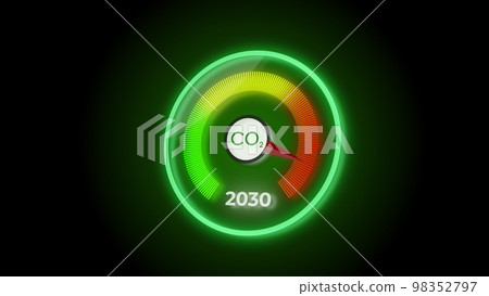 3D digital dashboard of CO2 level gauge percentage. Increasing the level of CO2 by 2030 policy animation concept on black background. 98352797