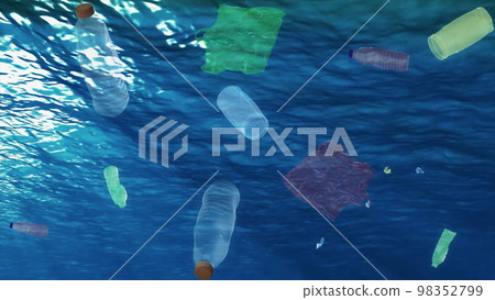 Underwater plastic garbage trash in the ocean. Polluted water with plastic garbage. 3D animation ocean waste plastic bottle and bags. 98352799