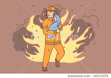 Firefighter rescue child from fire  98352976