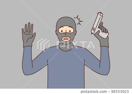 Male robber with gun raise hands up Male robber with gun raise hands up 98353023