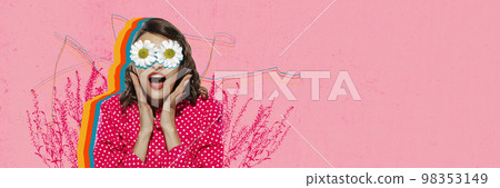 Creative colorful design. Modern art collage. Impressed beautiful woman with flowers in eyes posing over pink background Creative colorful design. Modern art collage. Impressed beautiful woman with flowers in eyes posing over pink background 98353149