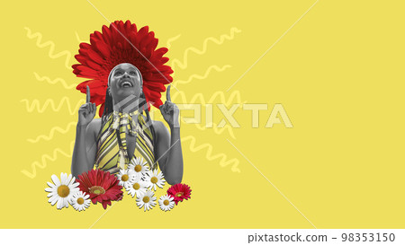 Creative colorful design. Modern art collage. Happy, smiling young woman with flowers over head and body on yellow background Creative colorful design. Modern art collage. Happy, smiling young woman with flowers over head and body on yellow background 98353150