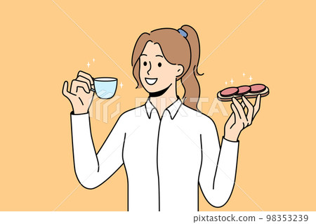 Smiling woman eating sandwich drinking coffee 98353239