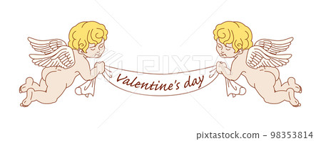 Two cupids holding a Valentine's Day banner - Valentine material painted Two cupids holding a Valentine's Day banner - Valentine material painted 98353814