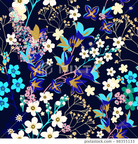 Abstract seamless pattern of forget-me-nots and bluebells. Background for creating textiles, fabrics, paper, wallpapers. Dark background. Vector illustration. Abstract seamless pattern of forget-me-nots and bluebells. Background for creating textiles, fabrics, paper, wallpapers. Dark background. Vector illustration. 98355133