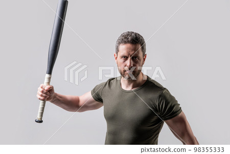man express aggression with bat isolated on grey background. aggression of man with bat 98355333