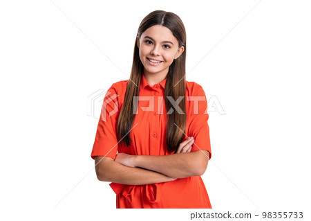 brunette teen girl express emotions. portrait of brunette teen girl in studio. brunette teen girl 98355733