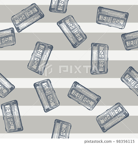 Chess clock electric engraved seamless pattern. Retro watch for chess game in hand drawn style. Sketch texture for fabric, wallpaper, textile, print, title, wrapping paper. Vector illustration. Chess clock electric engraved seamless pattern. Retro watch for chess game in hand drawn style. Sketch texture for fabric, wallpaper, textile, print, title, wrapping paper. Vector illustration. 98356115