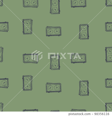 Chess clock engraved seamless pattern. Retro watch for chess game in hand drawn style. Sketch texture for fabric, wallpaper, textile, print, title, wrapping paper. Vector illustration. 98356116