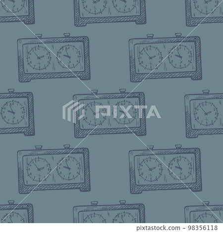 Chess clock engraved seamless pattern. Retro watch for chess game in hand drawn style. Sketch texture for fabric, wallpaper, textile, print, title, wrapping paper. Vector illustration. Chess clock engraved seamless pattern. Retro watch for chess game in hand drawn style. Sketch texture for fabric, wallpaper, textile, print, title, wrapping paper. Vector illustration. 98356118