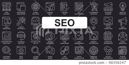 SEO concept simple line icons set. Bundle of optimization, solution, landing page, keyword, ranking, video marketing, target and other. Vector pack outline symbols for website or mobile app design SEO concept simple line icons set. Bundle of optimization, solution, landing page, keyword, ranking, video marketing, target and other. Vector pack outline symbols for website or mobile app design 98356247