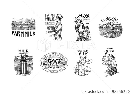 Milk set. Cow and woman farmer, milkmaid and jug, blot and bottles, packaging and meadow, man holds Milk set. Cow and woman farmer, milkmaid and jug, blot and bottles, packaging and meadow, man holds 98356260
