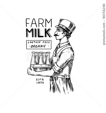 Milk delivery. Milkman in an apron with cans of milk. Vintage logo or label for shop. Badge for t 98356286