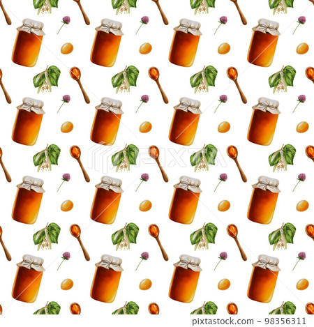 Watercolor seamless pattern with amber linden honey jars. Wooden spoon with honey. Honey flowing from a stick. Hand drawn immunity strengthening vitamins illustration Watercolor seamless pattern with amber linden honey jars. Wooden spoon with honey. Honey flowing from a stick. Hand drawn immunity strengthening vitamins illustration 98356311