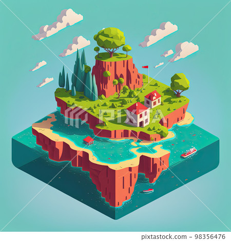 Cartoon isometric private island with rock mountain, houses and beach, Generative AI 98356476