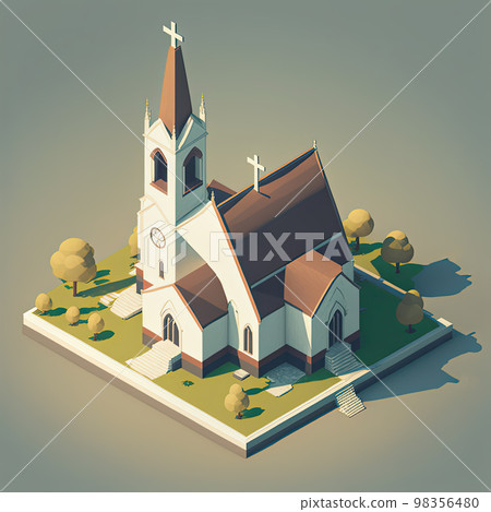 Cartoon isometric town or village church. Generative AI 98356480