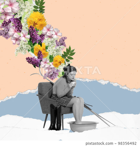 Sad girl sitting at home in cold weather and dreaming about warm spring time. Contemporary art collage. Inspiration, creativity, ad concept. Poster Sad girl sitting at home in cold weather and dreaming about warm spring time. Contemporary art collage. Inspiration, creativity, ad concept. Poster 98356492