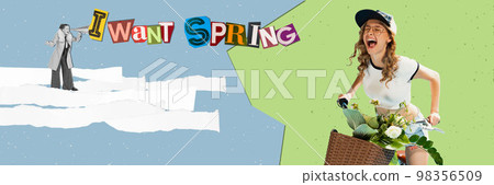 Contemporary art collage. Happy girl dreaming about summer time and vacation. Concept of spring time, happy mood, comparison of seasons. Contemporary art collage. Happy girl dreaming about summer time and vacation. Concept of spring time, happy mood, comparison of seasons. 98356509