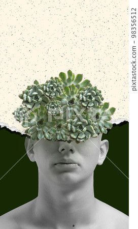 Contemporary art collage. Man's head with flower. Concept of spring time, happy mood, comparison of seasons. Inspiration, creativity, ad concept. Poster 98356512